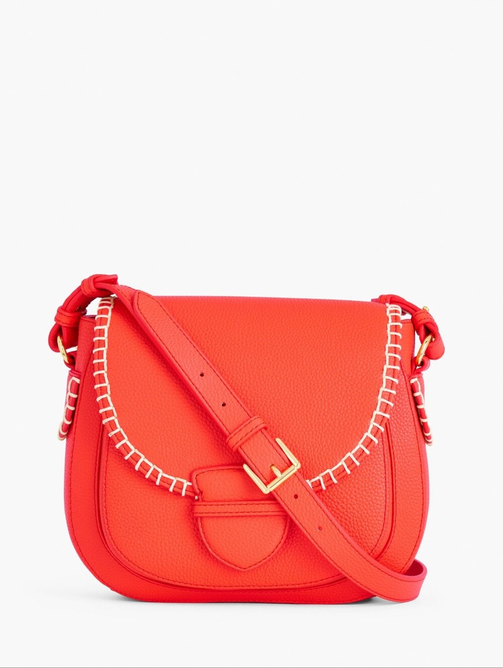 Talbots Red/Orange Pebble Leather Crossbody Saddle Bag with Contrast Stitching